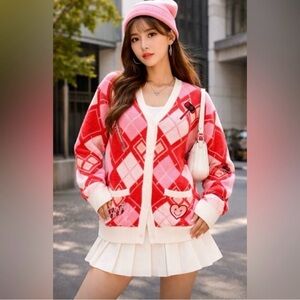 DC Comics Harley Quinn Diamond Cardigan with Patches Red/White/Pink-Small-NWT